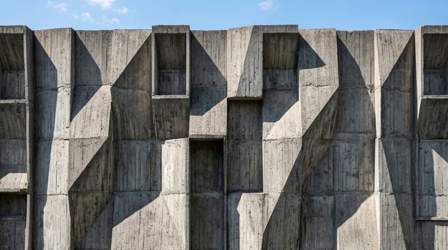 Full-frame architectural photograph of a brutalist concrete wall featuring geometric recessed panels and sharp diagonal shadow lines under a clear blue sky, showcasing raw texture