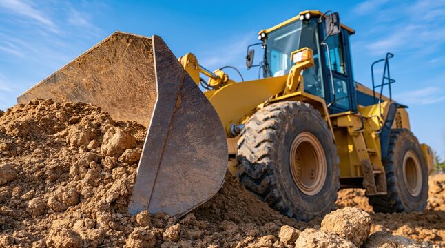 Wheel loader scooping dirt on construction site