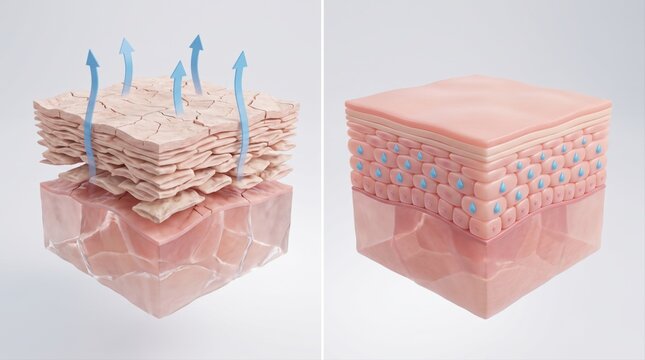 A comparative medical illustration showing dry, dehydrated skin versus healthy, hydrated skin layers.