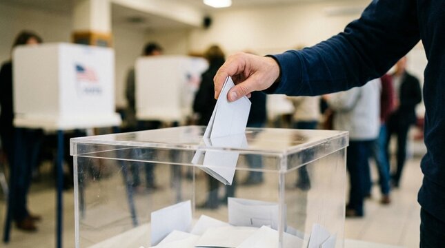 Hand dropping folded white paper ballot into transparent acrylic ballot box at indoor polling place with voting booths and voters in background, civic election concept