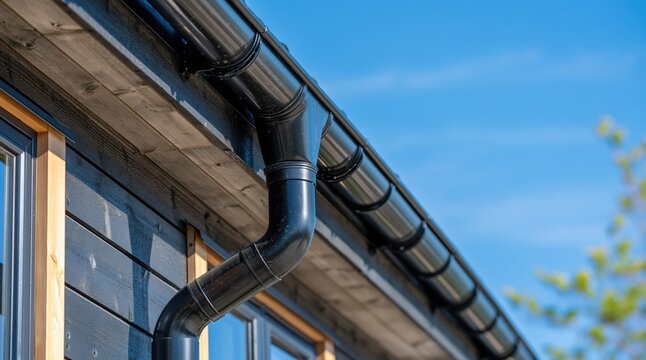 Black rain gutter system on wooden house wall under blue sky