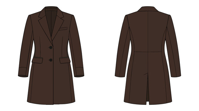 Women's Classic Dark Brown Overcoat Flat Fashion Sketch Technical Illustration Featuring Front and Back Views