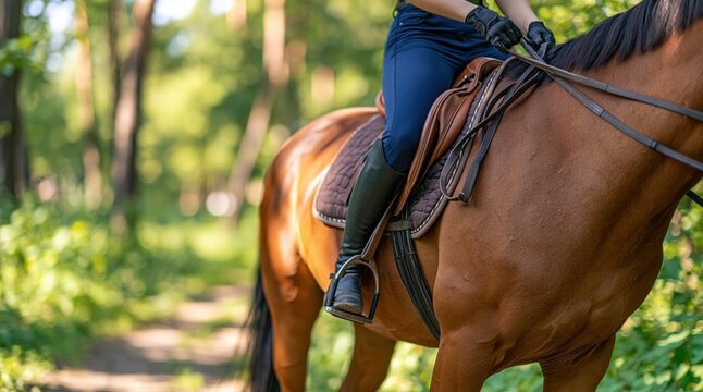 Close up of rider on brown horse in summer forest