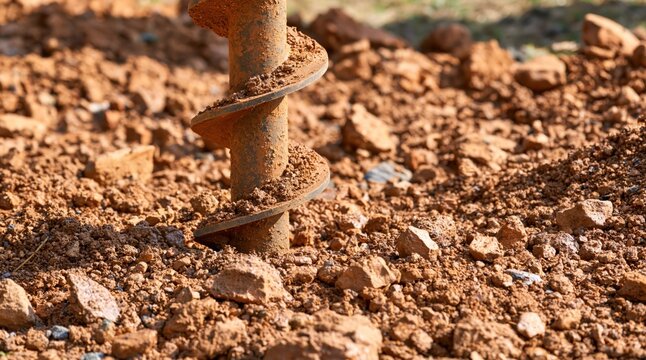 Metal earth auger bit drilling into dry reddish brown soil