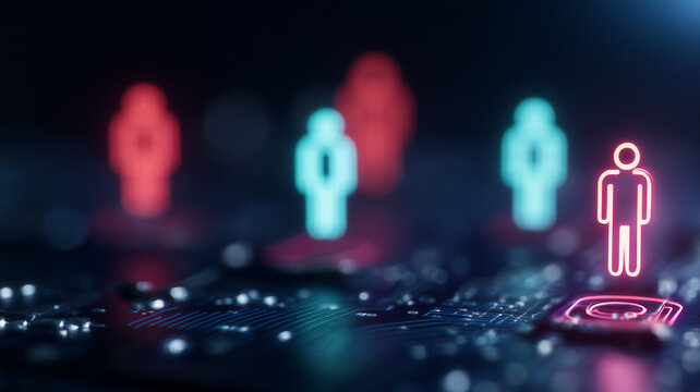 Digital person icons connected across electronic circuitry represent workforce networking and human connections within modern technology systems.
