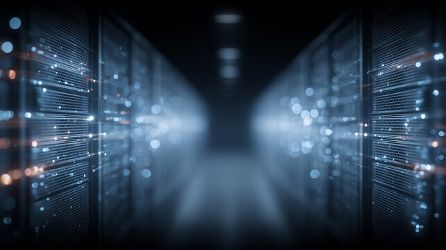Rows of server racks in a data center represent cloud computing infrastructure and high capacity digital information processing.

