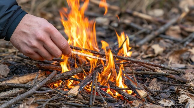 Hand adding wood to campfire in forest