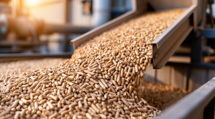 Obraz premium Wood pellets falling from industrial chute into pile