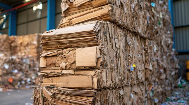 Compressed recycled cardboard bales stack in industrial warehouse