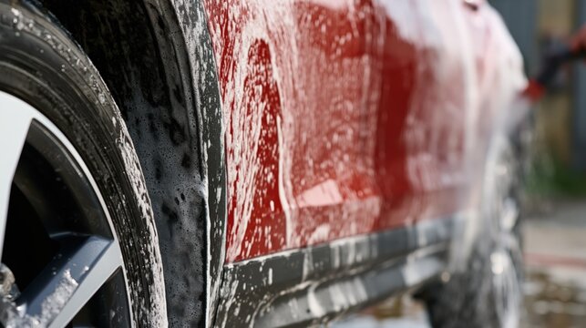 Close up of red car side panel and wheel covered in white washing foam