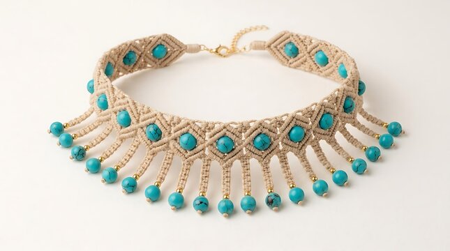 Elegant gold necklace with blue turquoise stones and fringe design