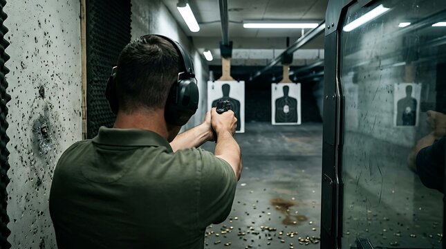 Person shooting a handgun at paper targets in an indoor gun range