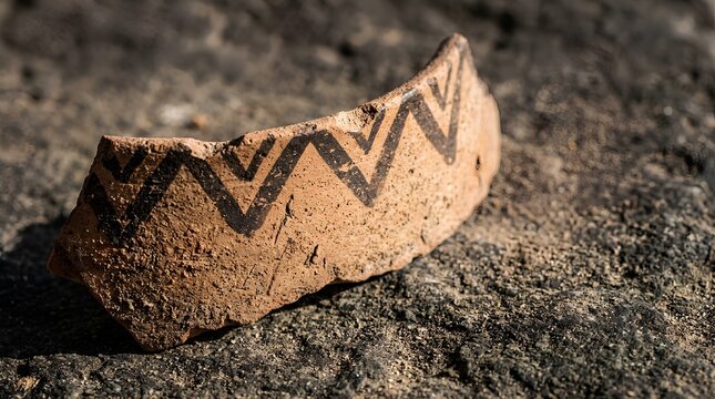 Close-up of weathered terracotta pottery fragment with dark painted zigzag chevron pattern along curved rim on rough stone surface, ancient artifact texture