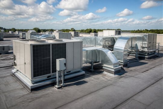 Commercial rooftop hvac units and ductwork on flat roof