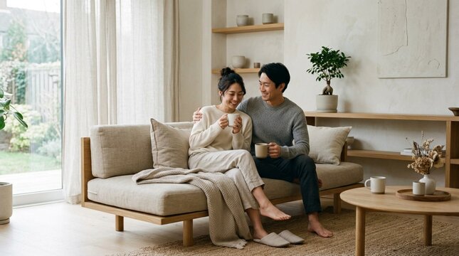 Happy Asian couple sitting together on a low wooden Japandi sofa drinking tea in a serene minimalist living room with soft natural light, neutral beige tones, cozy interior