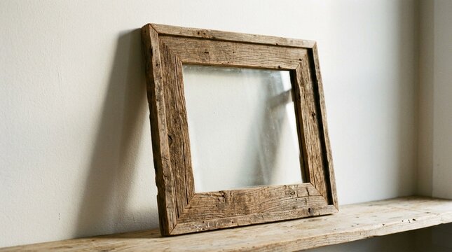 Rustic weathered wooden picture frame leaning against white wall on aged wooden shelf, warm directional sunlight casting soft shadows, vintage farmhouse decor, empty frame mockup, natural reclaimed