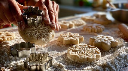 Naklejka premium Hands shaping dough with snowflake cookie cutters on a floured surface, creating festive holiday cookies in warm, natural light.