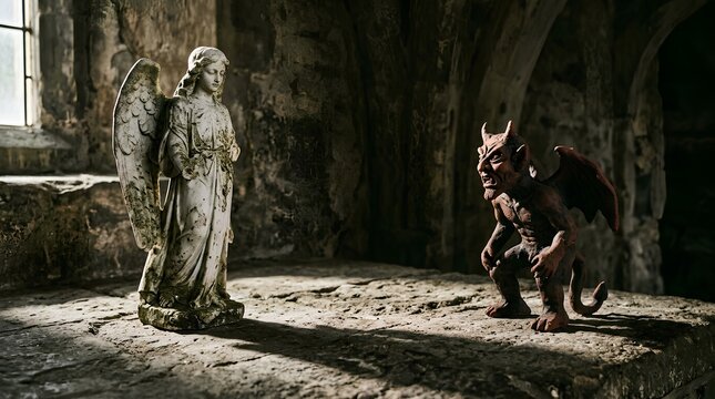Weathered white marble angel statue with folded wings facing menacing red terracotta devil sculpture in dimly lit ancient stone chamber with dramatic sunlight