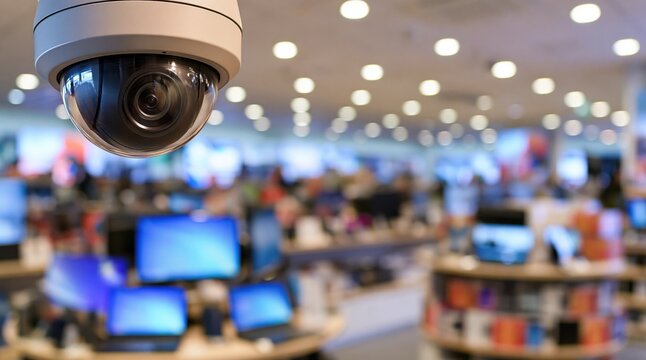 Dome security camera on ceiling of modern electronics store