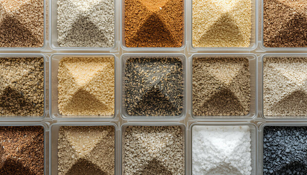 Different grades of sand arranged in separate laboratory sample containers