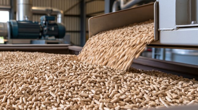 Wood pellets pouring from chute into large pile in industrial facility