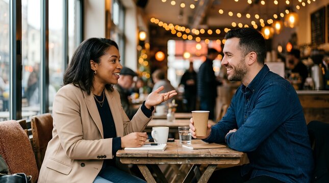 Cheerful multiracial couple chatting over coffee in cozy cafe, man holding takeaway cup, woman in beige blazer gesturing warmly at wooden table with festive bokeh lights