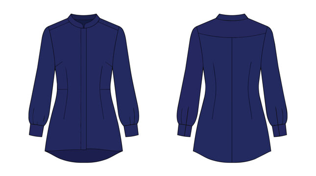 Women's Navy Blue Mandarin Collar Long Sleeve Tunic Top Fashion Technical Sketch Front and Back View Template