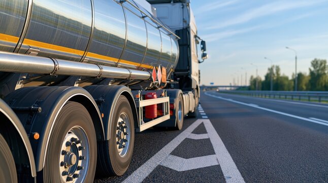 Silver tanker truck on asphalt highway at sunset