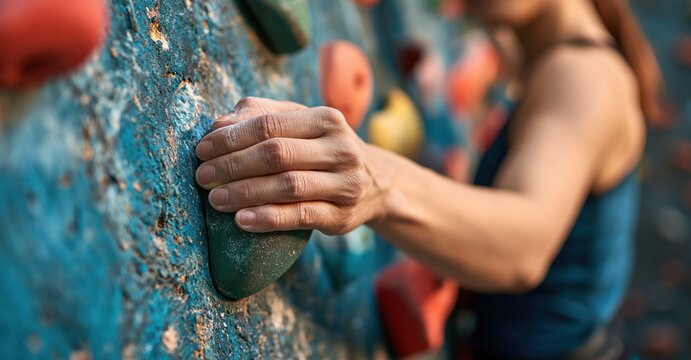 Close up of female climber hand gripping green hold on textured climbing wall