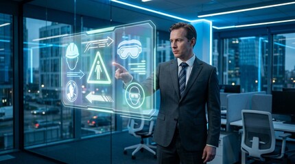 Fototapeta premium Businessman in suit interacting with glowing holographic safety icons panel including hard hat, goggles, and arrows in modern high-tech office at night with city skyline view
