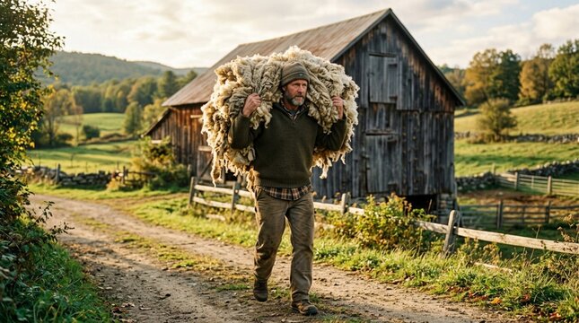 Bearded farmer carrying thick bundle of raw wool fleece on shoulders near weathered wooden barn on countryside dirt path at golden hour rural lifestyle scene