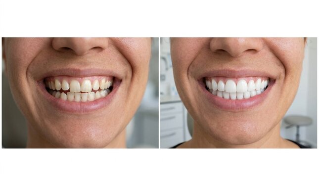 Split-frame dental before and after comparison photograph showing woman's smile transformation from slightly uneven natural teeth on left to bright perfectly aligned white teeth on right, cosmetic