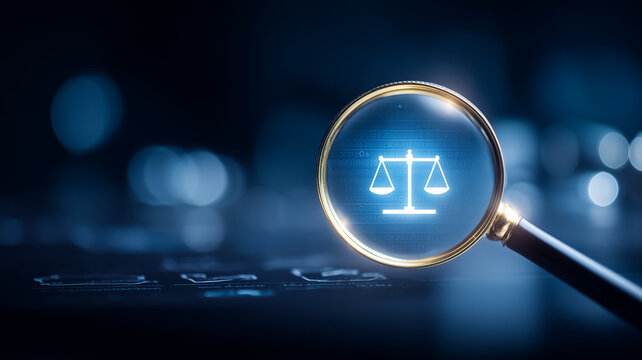 A magnifying glass focused on justice scales represents legal research regulatory compliance and detailed law investigation.
