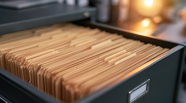 Open filing cabinet drawer filled with manila folders