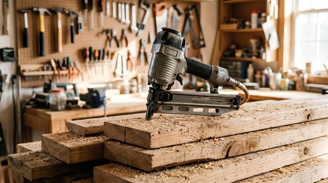 Heavy steel nail gun resting on rough pine planks with sawdust in sunlit woodworking workshop, tools hanging on pegboard background