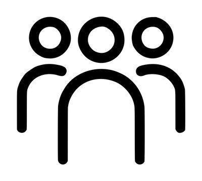 Group of three employee figures vector icon illustration, minimalist hand drawn black line silhouettes depicting coworkers or team members standing together in unified arrangement
