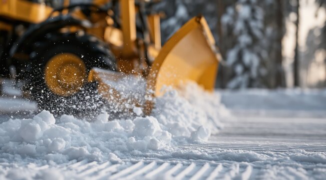 Yellow snow plow clearing snow on road in winter forest
