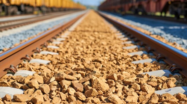 Low angle view of railway tracks with brown ballast stones and freight trains