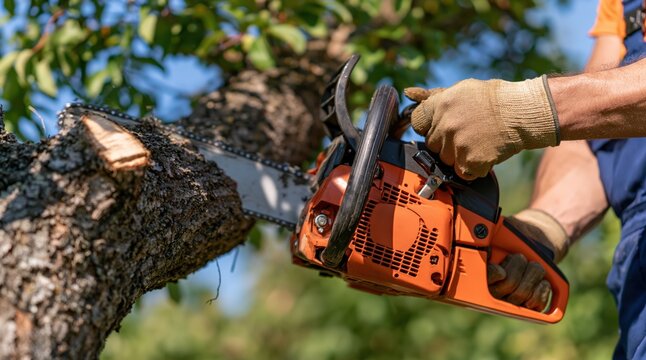 Worker cutting tree branch with orange chainsaw outdoors