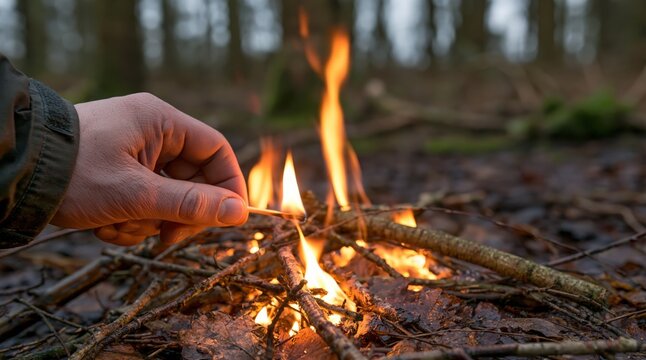 Person lighting small wood fire with matchstick in autumn forest