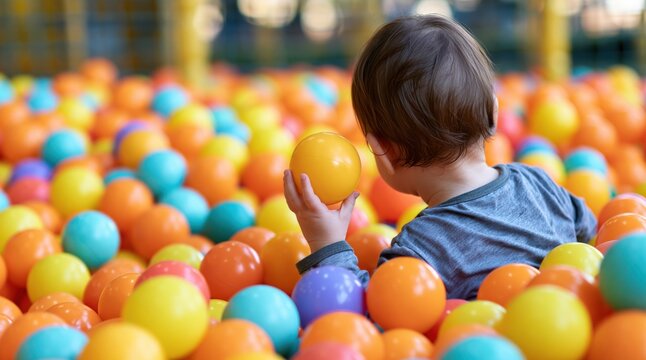 Toddler sitting in colorful plastic ball pit and holding yellow ball