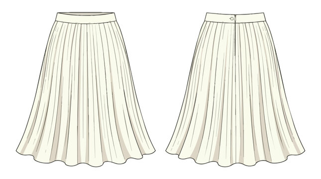 Technical Fashion Sketch of a Pleated Midi Skirt for Women Front and Back View Flat Drawing Apparel Template