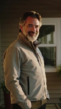 Vertical video: Noticing offscreen cue, senior man turning and smiling at porch with jacket window