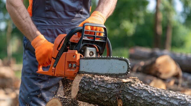 Professional lumberjack in protective gear cutting wooden log with orange chainsaw