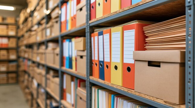 Colorful ring binders and cardboard boxes on metal shelves in archive storage
