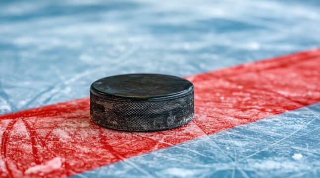 Black hockey puck on red line of ice rink close up