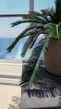 Luxury cruise ship interior with tropical palm and endless ocean view. Handheld, Vertical video