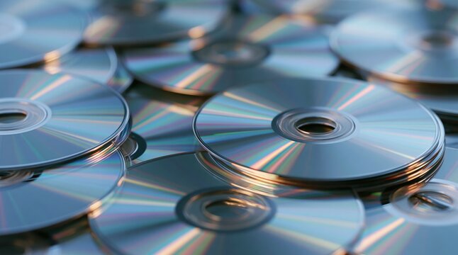 Pile of shiny compact discs with iridescent light reflection