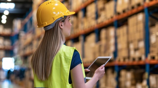 Female supervisor in hard hat and safety vest checking inventory using tablet in warehouse