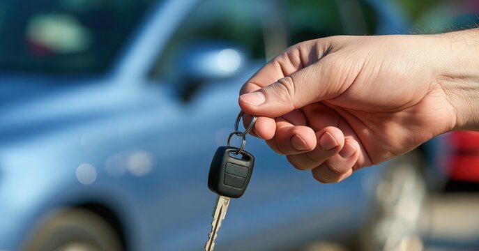 Hand holding car key in front of blurred car